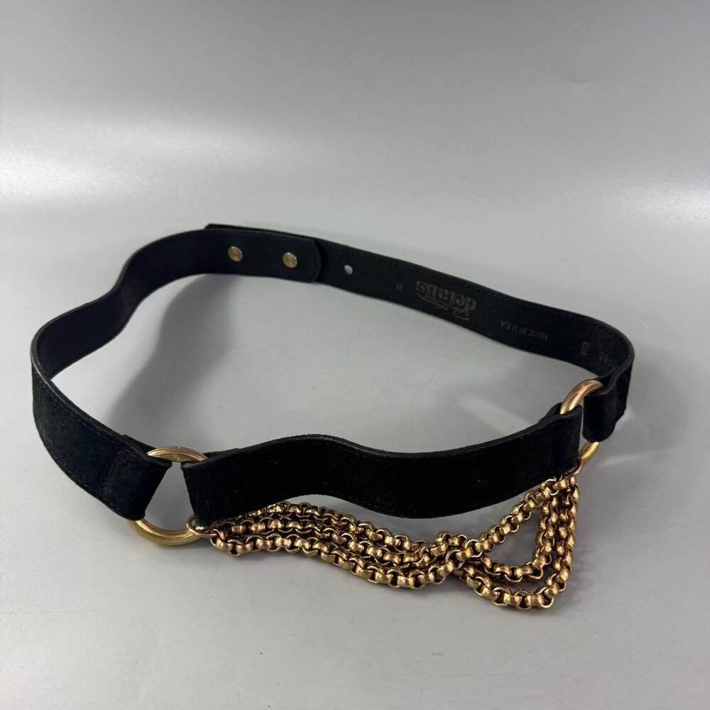 Patricia Green Details Genuine Black Leather & Gold Chains Belt, Women's Size M